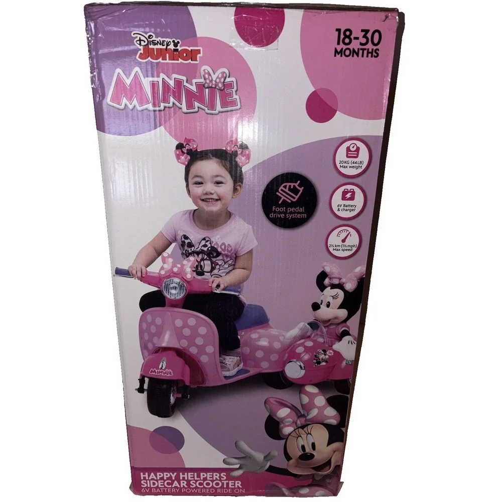 (NEW)  Disney Minnie Mouse 6V Happy Helpers Scooter Ride-On with Sidecar